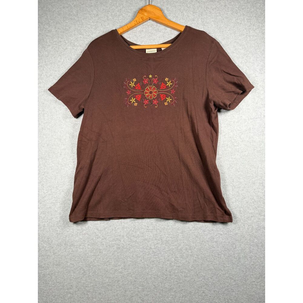 Classic Elements Women's L Brown Cotton Floral Embroidered T-Shirt 3901